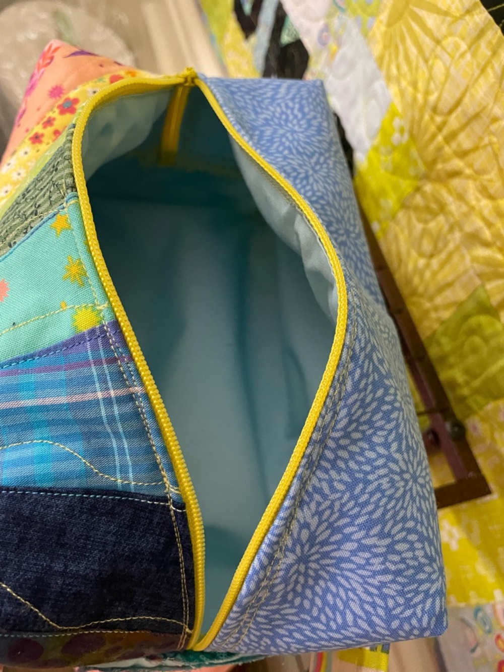 Handmade Multicolor Quilted Cosmetic Pouch - Yellow Accent - Picture 5 of 6